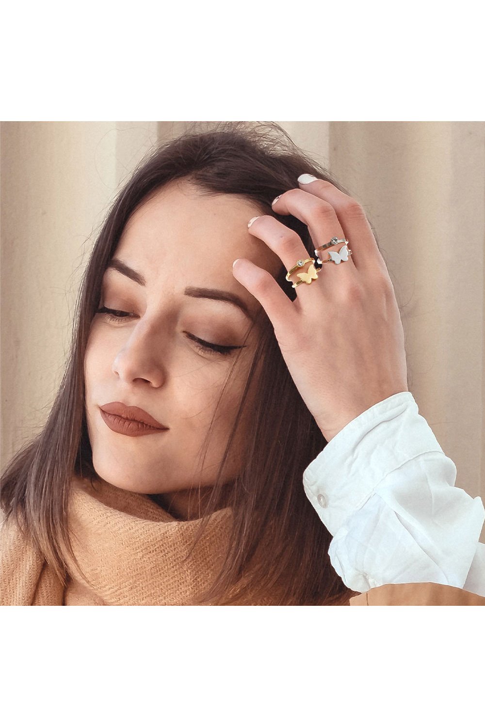 Stainless Steel Rhinestone & Butterfly Ring Set